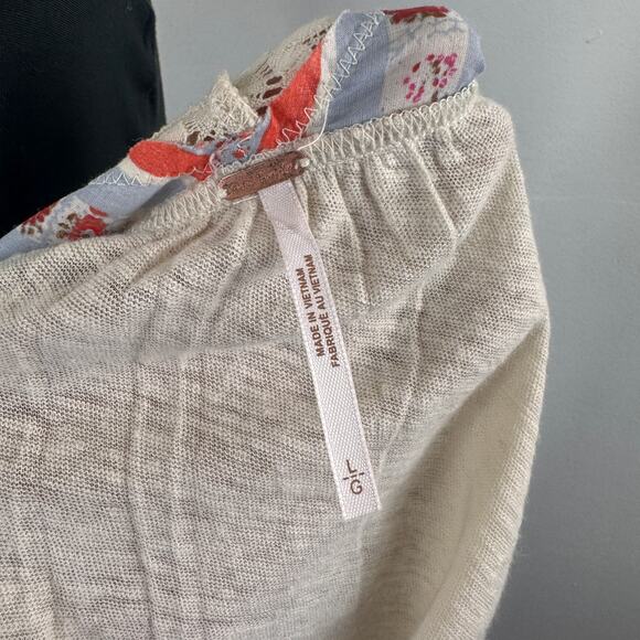 Free People Prairie Days Multi Blouse Linen Lace-Trim Dolman Sleeve Size Large L - Picture 5 of 7